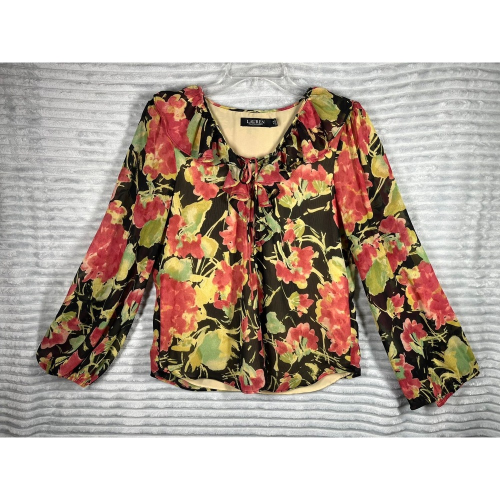 Lauren Ralph Lauren Pullover Top Women's PM Ruffle Lined Front‎ Tie Boho *Flaw
